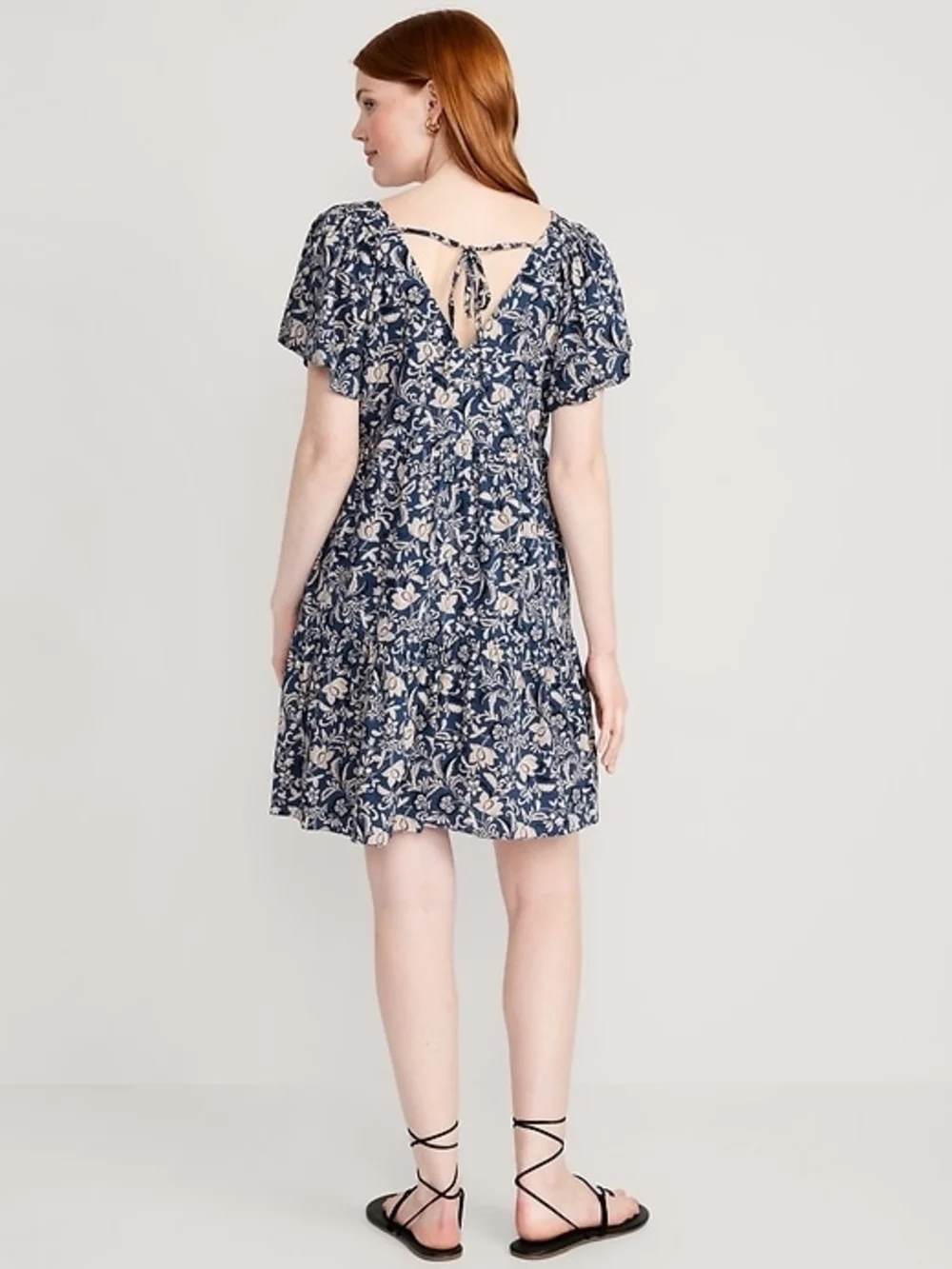 Old Navy Floral Tiered Mini Dress Small Boho Cottagecore Puff Sleeve V Neck - Picture 2 of 7